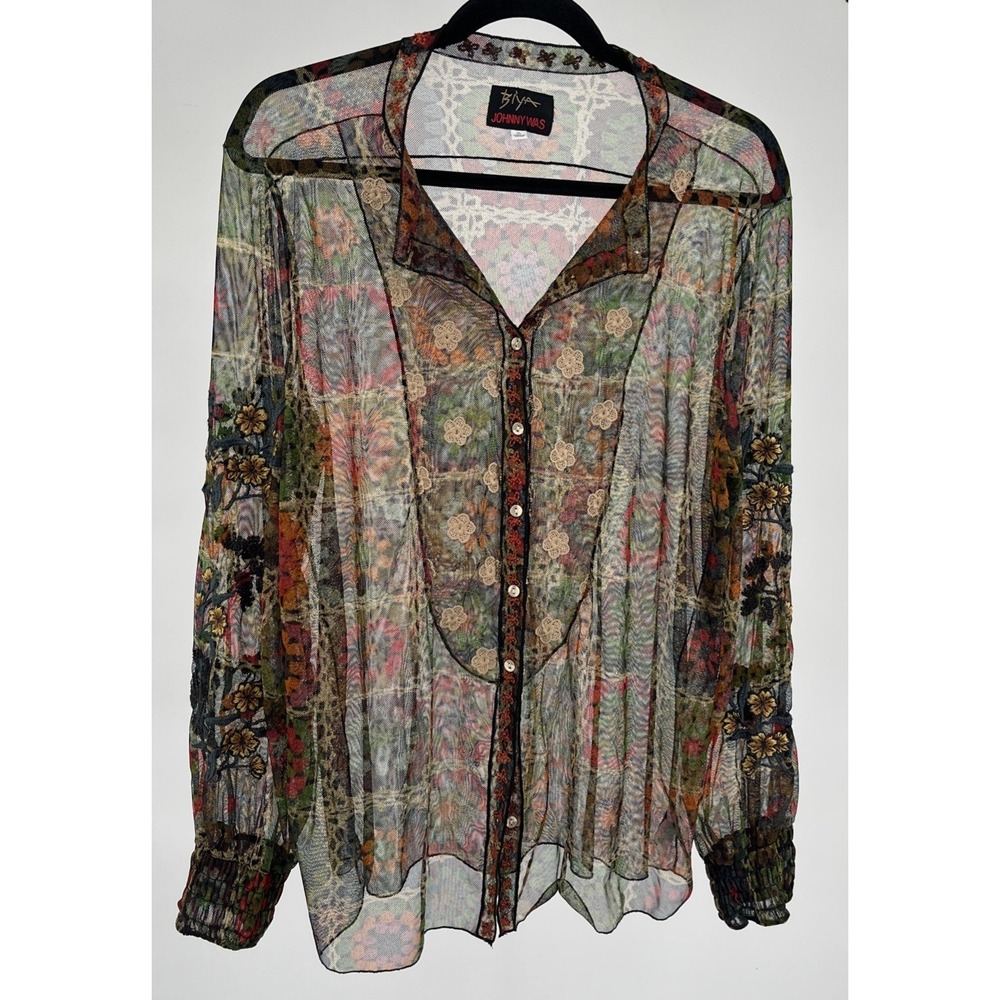 Johnny Was Biya Shirt Women's XL Floral Embroidered Sheer Mesh Boho Prairie Art